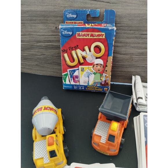 Disney Handy Manny Pull N Go Dump & Cement Trucks And My First Uno Card Game - Picture 1 of 9